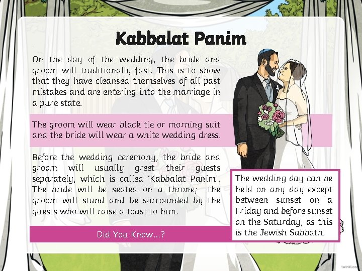 Kabbalat Panim On the day of the wedding, the bride and groom will traditionally