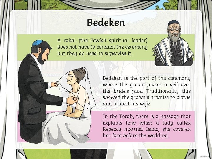 Bedeken A rabbi (the Jewish spiritual leader) does not have to conduct the ceremony