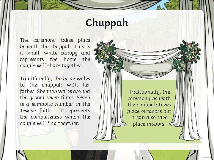 Chuppah The ceremony takes place beneath the chuppah. This is a small, white canopy