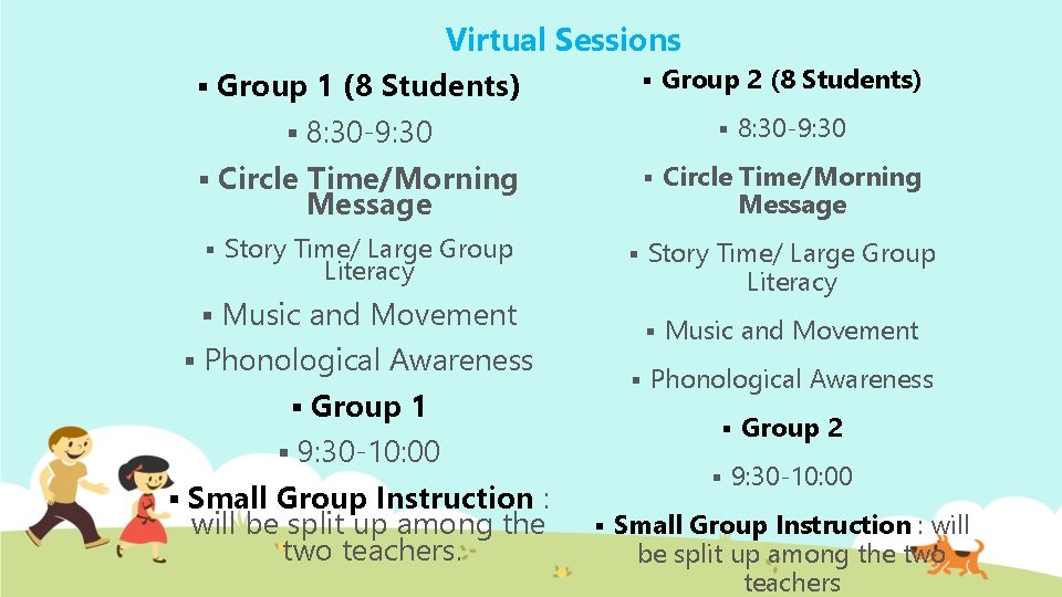 Virtual Sessions § Group 2 (8 Students) § Group 1 (8 Students) § 8: