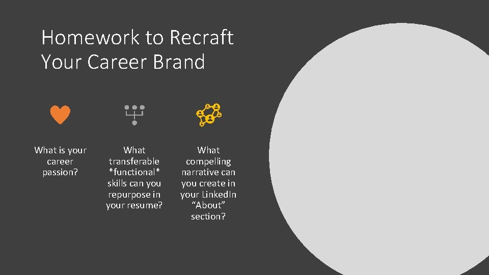 Homework to Recraft Your Career Brand What is your career passion? What transferable *functional*