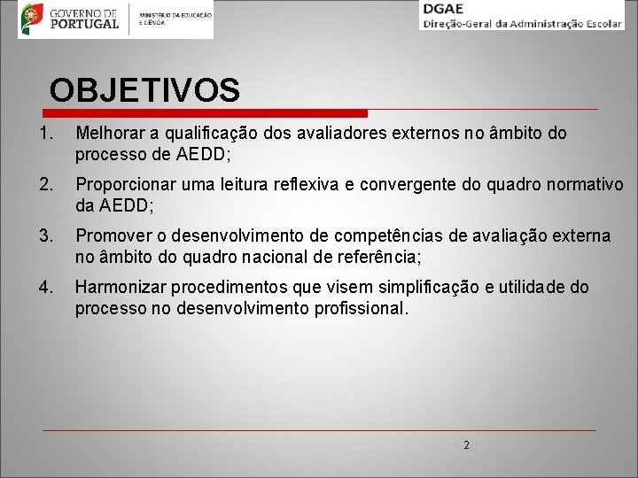 OBJETIVOS 1. Melhorar a qualificação dos avaliadores externos no âmbito do processo de AEDD;