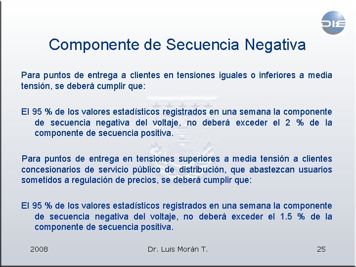 Componente de Secuencia Negativa Para puntos de entrega a clientes en tensiones iguales o