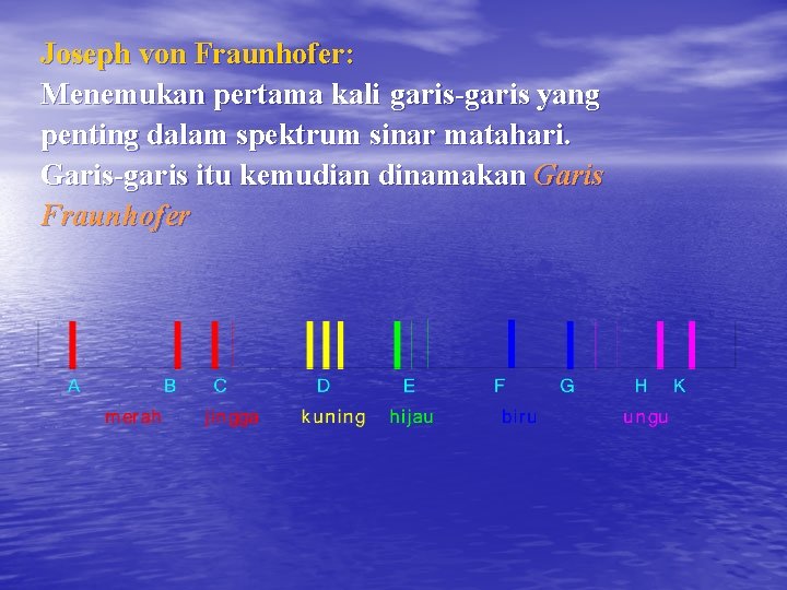 Joseph von Fraunhofer: Menemukan pertama kali garis-garis yang penting dalam spektrum sinar matahari. Garis-garis