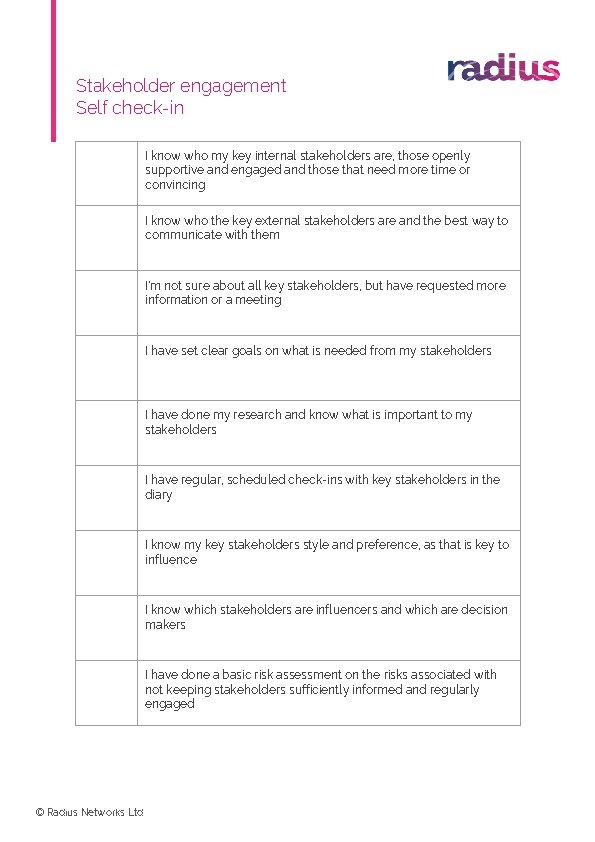 Stakeholder engagement Self check-in I know who my key internal stakeholders are, those openly