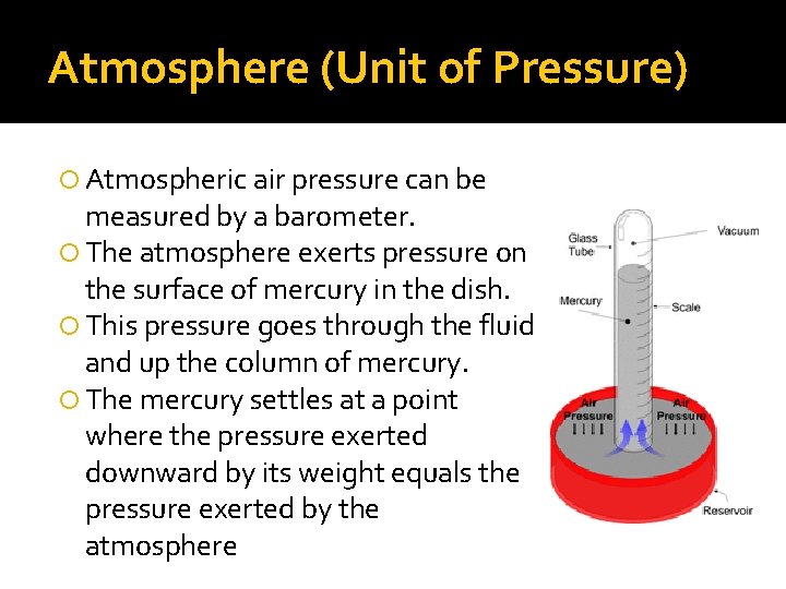 Atmosphere (Unit of Pressure) Atmospheric air pressure can be measured by a barometer. The Atmosphere (Unit of Pressure) Atmospheric air pressure can be measured by a barometer. The