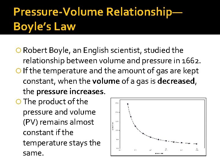 Pressure-Volume Relationship— Boyle’s Law Robert Boyle, an English scientist, studied the relationship between volume Pressure-Volume Relationship— Boyle’s Law Robert Boyle, an English scientist, studied the relationship between volume
