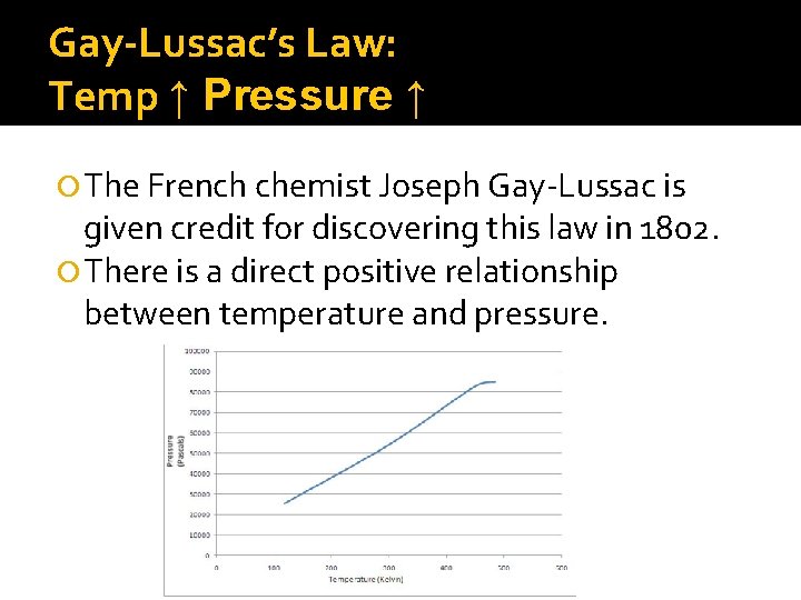 Gay-Lussac’s Law: Temp ↑ Pressure ↑ The French chemist Joseph Gay-Lussac is given credit Gay-Lussac’s Law: Temp ↑ Pressure ↑ The French chemist Joseph Gay-Lussac is given credit