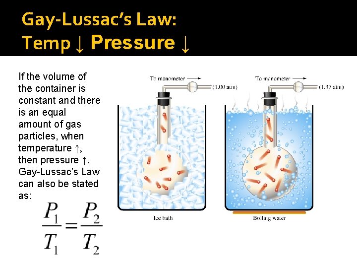 Gay-Lussac’s Law: Temp ↓ Pressure ↓ If the volume of the container is constant Gay-Lussac’s Law: Temp ↓ Pressure ↓ If the volume of the container is constant