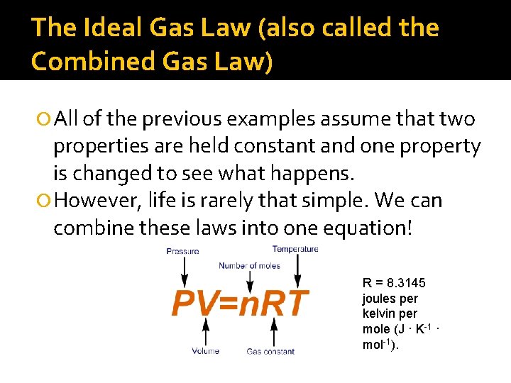The Ideal Gas Law (also called the Combined Gas Law) All of the previous The Ideal Gas Law (also called the Combined Gas Law) All of the previous