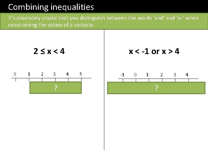 Combining inequalities It’s absolutely crucial that you distinguish between the words ‘and’ and ‘or’
