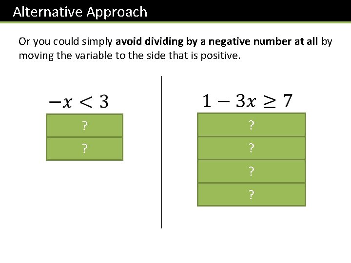 Alternative Approach Or you could simply avoid dividing by a negative number at all