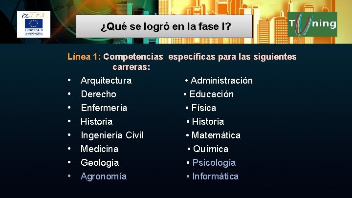 ¿Qué se logró en la fase I? Línea 1: Competencias específicas para las siguientes