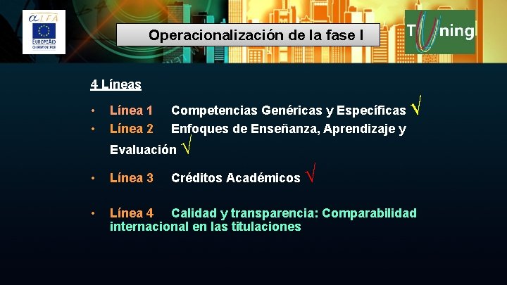Operacionalización de la fase I 4 Líneas • • Línea 1 Línea 2 Competencias