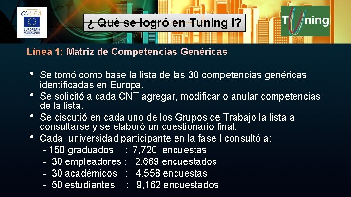 ¿ Qué se logró en Tuning I? Línea 1: Matriz de Competencias Genéricas h