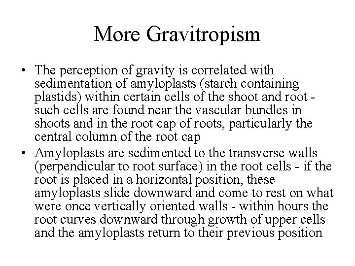 More Gravitropism • The perception of gravity is correlated with sedimentation of amyloplasts (starch