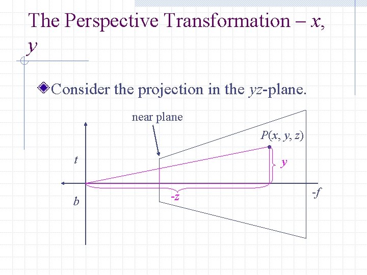 The Perspective Transformation – x, y Consider the projection in the yz-plane. near plane