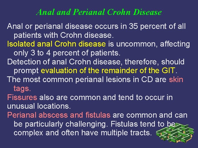 Anal and Perianal Crohn Disease Anal or perianal disease occurs in 35 percent of Anal and Perianal Crohn Disease Anal or perianal disease occurs in 35 percent of