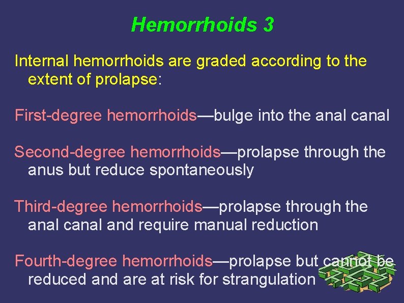 Hemorrhoids 3 Internal hemorrhoids are graded according to the extent of prolapse: First-degree hemorrhoids—bulge Hemorrhoids 3 Internal hemorrhoids are graded according to the extent of prolapse: First-degree hemorrhoids—bulge
