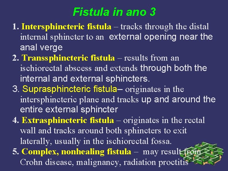 Fistula in ano 3 1. Intersphincteric fistula – tracks through the distal internal sphincter Fistula in ano 3 1. Intersphincteric fistula – tracks through the distal internal sphincter
