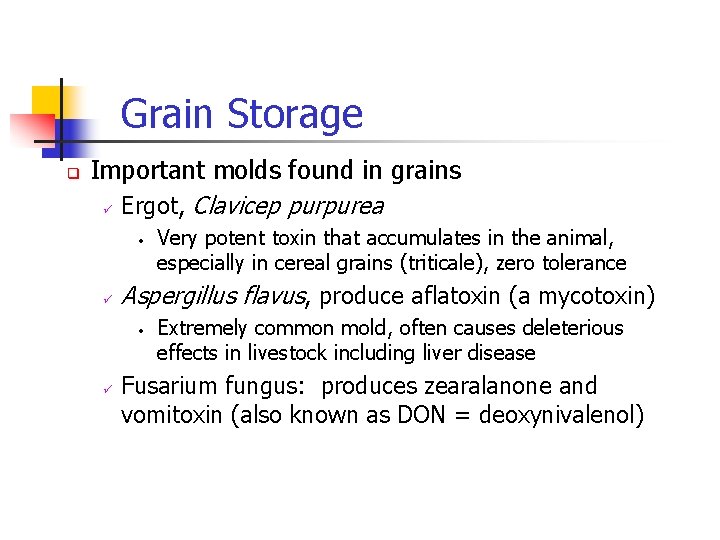 Grain Storage q Important molds found in grains ü Ergot, Clavicep purpurea • ü