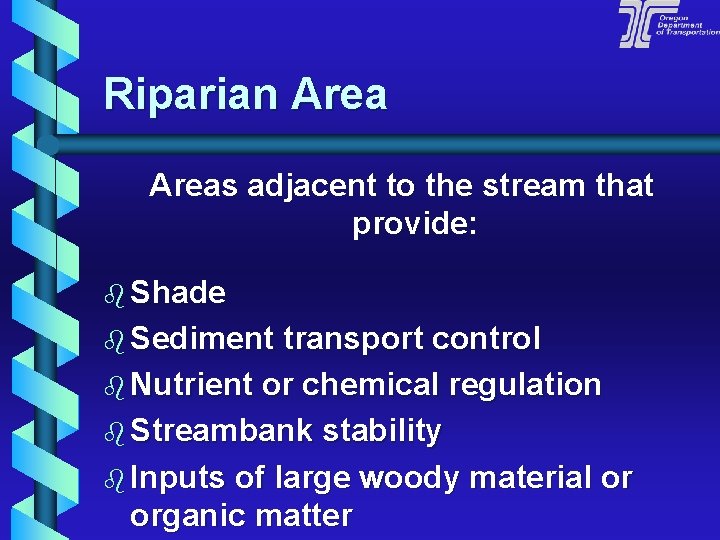 Riparian Areas adjacent to the stream that provide: b Shade b Sediment transport control