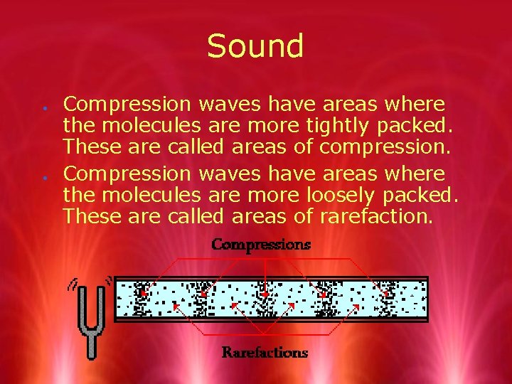 Sound Compression waves have areas where the molecules are more tightly packed. These are