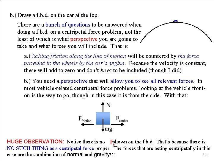 b. ) Draw a f. b. d. on the car at the top. There b. ) Draw a f. b. d. on the car at the top. There