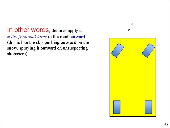 In other words, the tires apply a static frictional force to the road outward In other words, the tires apply a static frictional force to the road outward