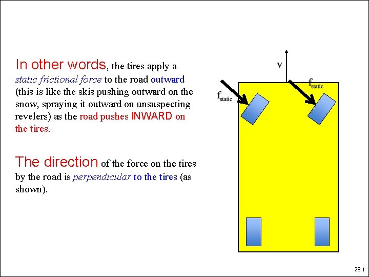 In other words, the tires apply a static frictional force to the road outward In other words, the tires apply a static frictional force to the road outward