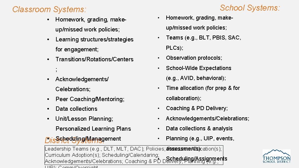 School Systems: Classroom Systems: • Homework, grading, make- • up/missed work policies; • Learning