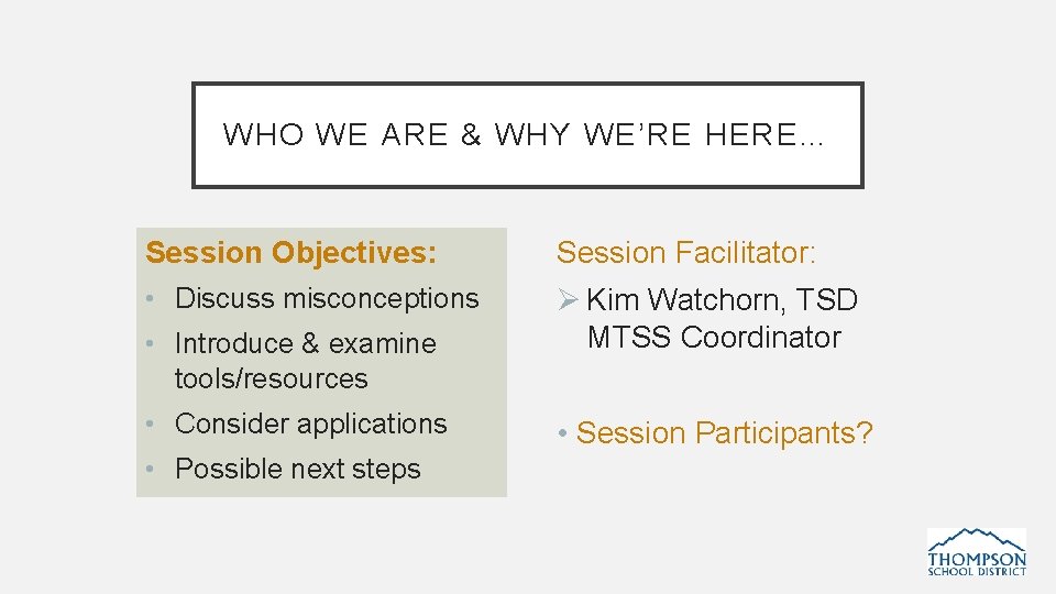 WHO WE ARE & WHY WE’RE HERE… Session Objectives: Session Facilitator: • Discuss misconceptions