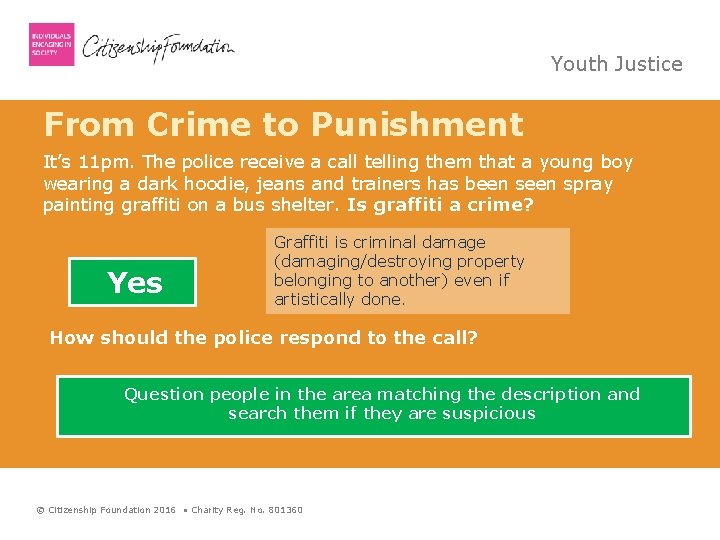 Youth Justice From Crime to Punishment It’s 11 pm. The police receive a call