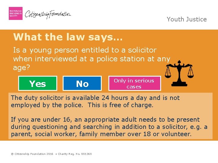 Youth Justice What the law says… Is a young person entitled to a solicitor