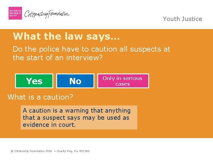 Youth Justice What the law says… Do the police have to caution all suspects