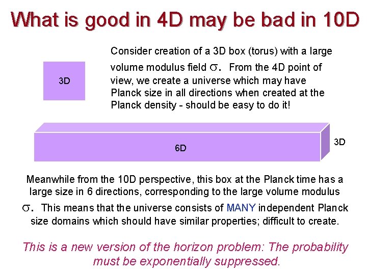What is good in 4 D may be bad in 10 D Consider creation