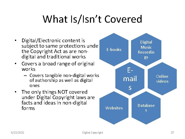 What Is/Isn’t Covered • Digital/Electronic content is subject to same protections under the Copyright