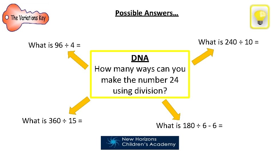 Possible Answers… What is 240 ÷ 10 = What is 96 ÷ 4 =