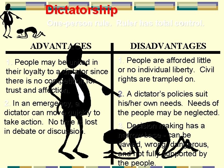 Dictatorship One-person rule. Ruler has total control. ADVANTAGES 1. People may be united in
