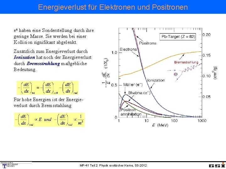 Energieverlust für Elektronen und Positronen e± haben eine Sonderstellung durch ihre geringe Masse. Sie