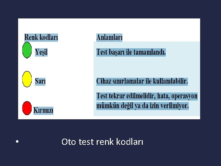  • Oto test renk kodları 