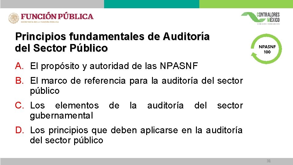 Principios fundamentales de Auditoría del Sector Público NPASNF 100 A. El propósito y autoridad Principios fundamentales de Auditoría del Sector Público NPASNF 100 A. El propósito y autoridad