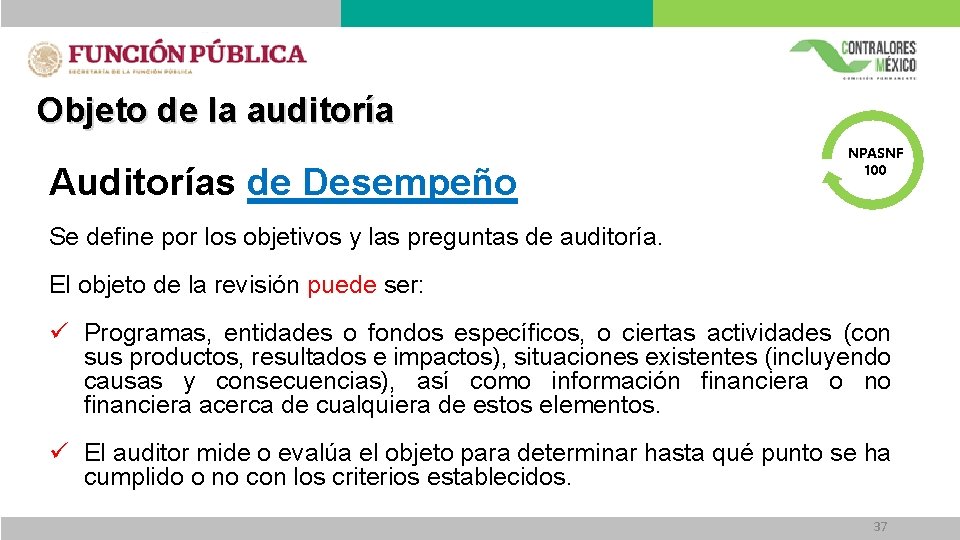 Objeto de la auditoría Auditorías de Desempeño NPASNF 100 Se define por los objetivos Objeto de la auditoría Auditorías de Desempeño NPASNF 100 Se define por los objetivos