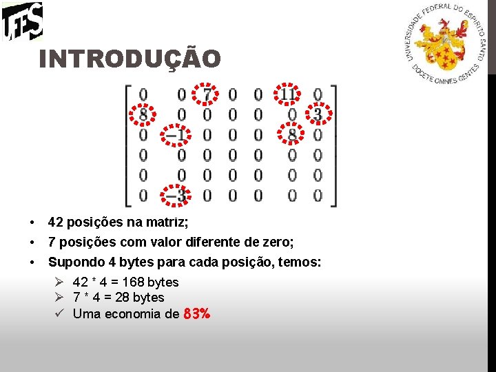 INTRODUÇÃO • • • 42 posições na matriz; 7 posições com valor diferente de