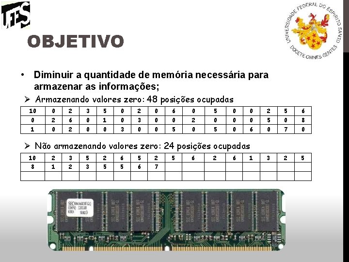 OBJETIVO • Diminuir a quantidade de memória necessária para armazenar as informações; Ø Armazenando