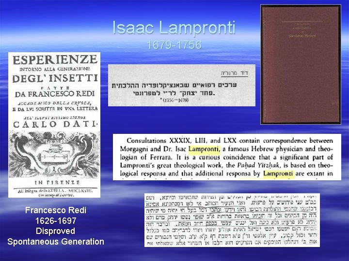 Isaac Lampronti 1679 -1756 Francesco Redi 1626 -1697 Disproved Spontaneous Generation 