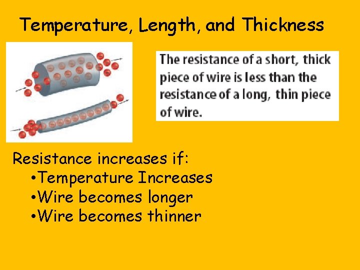 Temperature, Length, and Thickness Resistance increases if: • Temperature Increases • Wire becomes longer