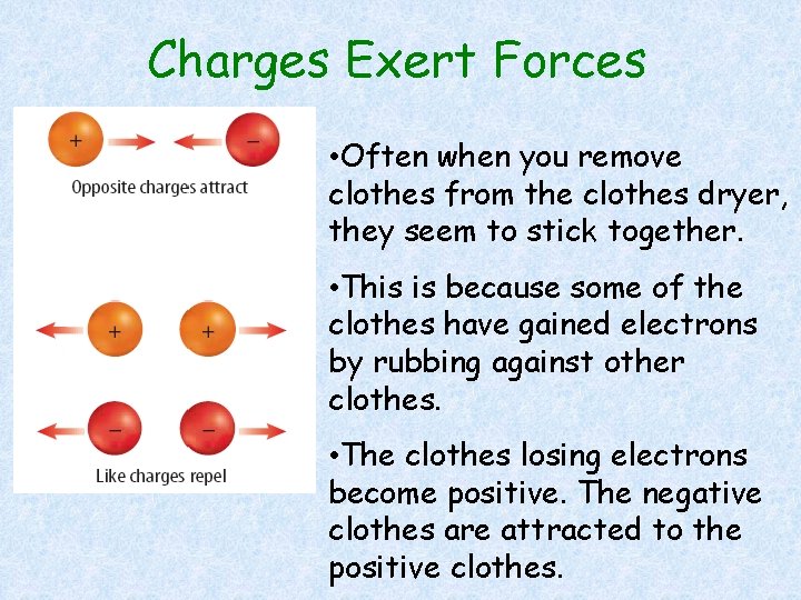 Charges Exert Forces • Often when you remove clothes from the clothes dryer, they