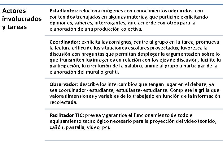 Actores involucrados y tareas Estudiantes: relaciona imágenes conocimientos adquiridos, contenidos trabajados en algunas materias,