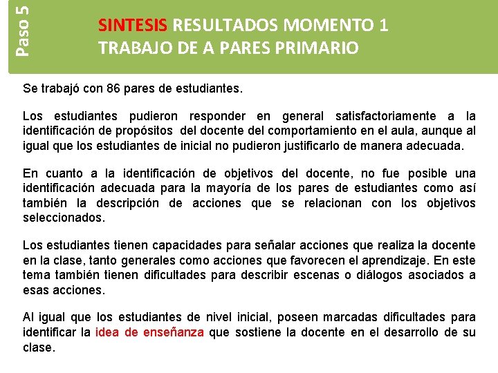 Paso 5 SINTESIS RESULTADOS MOMENTO 1 TRABAJO DE A PARES PRIMARIO Se trabajó con